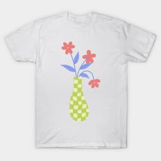 checkered lime green vase with pink flowers T-Shirt